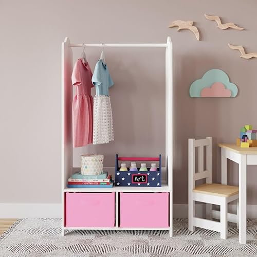 URBNLIVING Kids MDF Wooden Hanging Clothes Rail Wardrobe Storage Shelves with Inserts Mirror Freestanding Wardrobe (Light Pink)