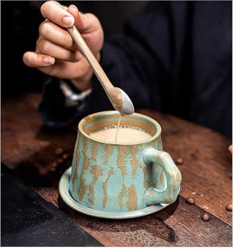 Tazza da caffè antica in ceramica, set di tazze con piattino e cucchiaio, tazza creativa blu chiaro stile europeo per ufficio, casa, ristorante, caffè