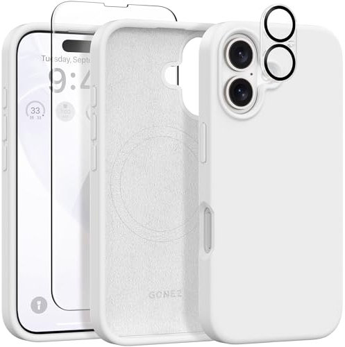 GONEZ Magnetic for iPhone 16 Case, [Compatible with Magsafe] [Screen Protector + Camera Lens Protector], Liquid Silicone Shockproof Protective Phone Case for iPhone 16 6.1, White