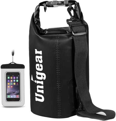Unigear Dry Bag, 2L/5L/10L/20L/30L/40L/55L, wasserdichter Beutel wasserdichte Taschen Seesack Packsack mit Handytasche und Gurte für Boot und Kajak, Angeln, Rafting, Schwimmen, Camping und Snowboarden