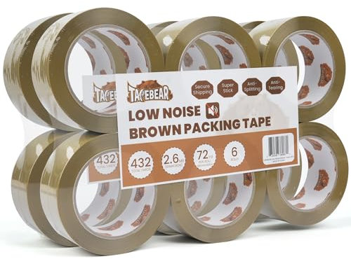 TAPEBEAR Silenzioso Nastro Adesivo Marrone 66m x 48mm, 12Rotoli Nastro Adesivo Pacchi Bassa Rumorosità, Nastro Imballaggio per Spedizioni Scatoloni e Trasloco