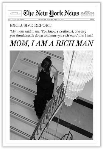 FBKDVC Trendiges schwarz-weißes Zeitungs-Leinwand-Poster, Mom I Am A Rich Man, flippiges Mädchen, ästhetischer adretter Druck, Nachrichten, Mädchen, Retro-Wanddekoration für Bar, Wagen, Mädchen,