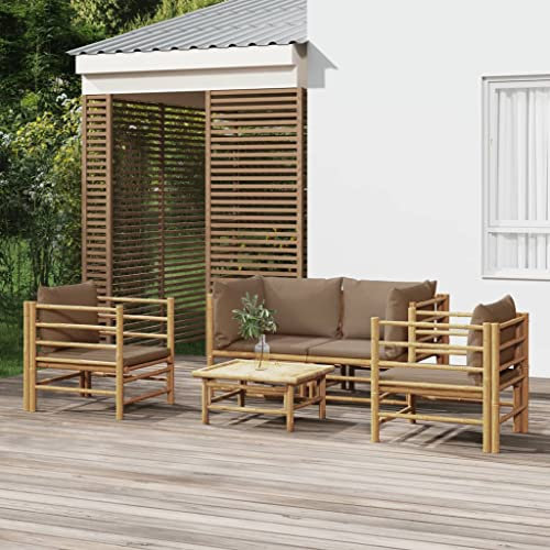 Willood Garten Lounge Set 5-TLG., Gartenmöbel Set mit Taupe Kissen, Sitzgruppe für Garten Terrasse, Modular Sofa Garnitur Loungemöbel, Bambus