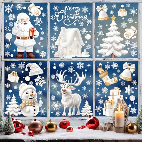 BOOMTOP 9 Hojas Decoración Ventana Navidad, Pegatinas PVC Navidad Ventana de Árbol Reno Copo de Nieve, Etiqueta Navidad Ventana, Adhesivos Sin Pegamento de Ventana Navidad