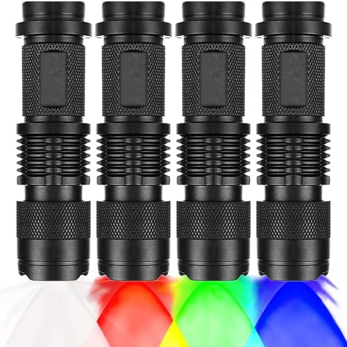 MVIOCS 4 Stück 4-Farben-Licht-Taschenlampe mit 3 Modi: Rotlicht-Taschenlampe, Grünlicht-Taschenlampe, Blaulicht-Taschenlampe, Kaltweißlicht-Taschenlampe für Nachtbeobachtung