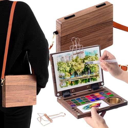 Affrolling Tragbares Aquarell-Paletten-Set mit 27 Fächern, alles in einem, Reise-Mini-Farbkasten aus Holz mit verstellbarem Schultergurt, Aquarell-Staffelei, Pinsel, Waschglas, Binder-Clips für Maler