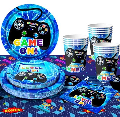 Video Game Party Supplies,Serves 16 Gaming Party Decorations Tableware Set - Gaming Plates and Cups Napkins Tablecloth etc Gamer Supplies for Video Gamed Theme Birthday