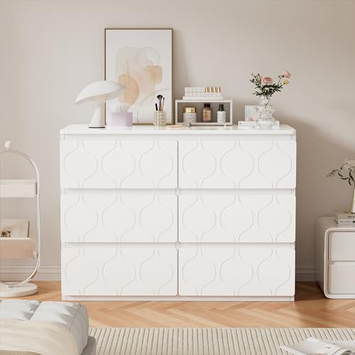 Generisch Commode à 6 tiroirs pour salon, salle de bain et chambre à coucher, motif ondulé, laqué, design d'angle résistant aux chocs, 6 compartiments, 110 l x 40 P x 72 H (blanc)