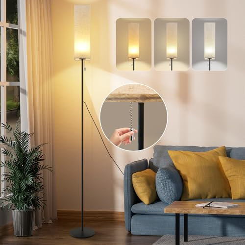 GBLY Stehlampe Wohnzimmer Dimmbar Stehleuchte: Standleuchte mit LED Lampe Vintage Standlampe Beige Lampenschirm 3000K-6500K Wohnzimmerlampe Seilzugschalter Retro Stoff Leselampe für Schlafzimmer