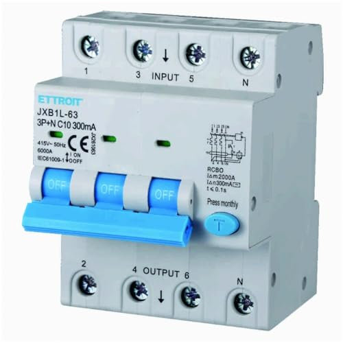 Interrupteur magnétothermique différentiel de sauvetage, 3P+N, occupe 4 modules DIN, 380V 415V, 10A C10, 300mA 6KA 6000A, RCBO