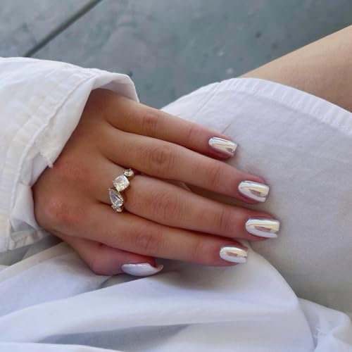 KQueenest Chrome Sliver Press on Nails Short Medium Square Glitter Metallic False Nails Medium Coffin, Luxury Design Acrylic Fake Nails Set with Bling Mirror Effect Stick on Nail for Women 24 Pcs