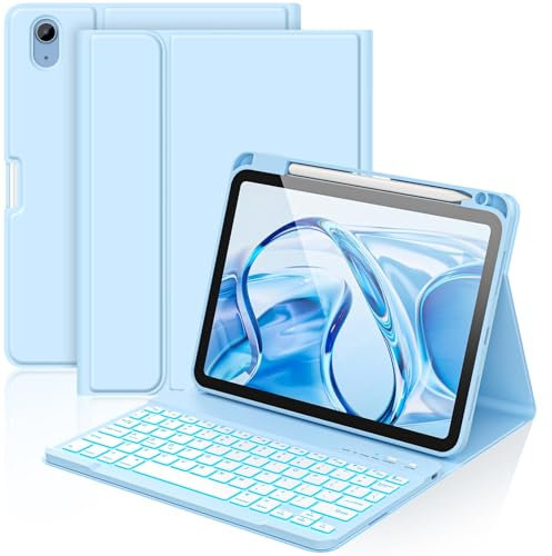 aMZCaSE für iPad A16 10/11th Generation Case mit Tastatur 11/10.9 Zoll(2025/2022),7 Farben Hintergrundbeleuchtung Abnehmbare Drahtlose Tastatur Cove mit Stifthalter für New iPad 11th Gen (Hellblau)