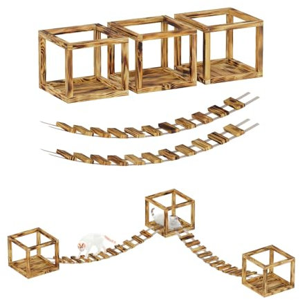 QLS Katzen Kletterwand Set mit 2 Brücken und 3 Liegen aus Holz Deckenmontage