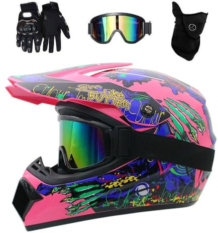 Gioventù Bambini MTB Casco Motocross Impostato, con Guanti Occhiali Mascherina, Unisex Integrali ATV Fuoristrada Strada Moto Caschi, Discesa Enduro Quad Dirt Bike Incidente Casco(Pink,S/52-53CM)