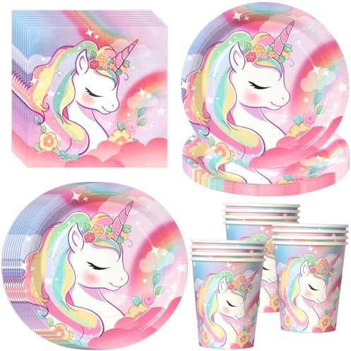 PYAILI Set 52 pezzi tema unicorno Piatti, bicchieri e tovaglioli per feste, per 16 ospiti