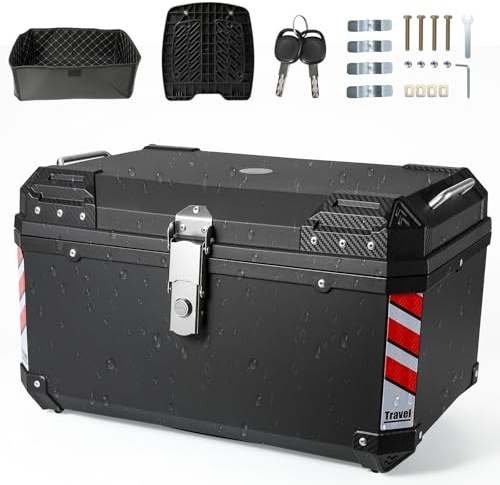 EagerMinds Top Case Motorcycle, Motorcycle Box Top Case Universal Black, Waterproof ABS Plastic, with Safety Lock, Universal Mounting Bracket, Motorcycle Helmet Storage Case (68L B)