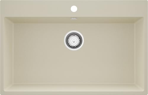 PRIMAGRAN Spülbecken ab 80er Unterschrank + Ablauf-Set, 78x50cm | Set: Ablauf-Set (Siphon, Ablaufgarnitur, Überlauf) + Granitspüle 1 Becken - Riga, Beige