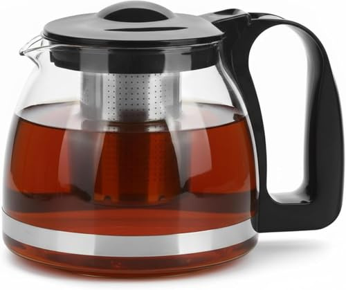 VIVIANA Teekanne Glas 1250ml | Mit Edelstahl-Teesieb, Sodaglas, Schwarzer Griff, Spülmaschinenfest, Tropffreier Ausguss