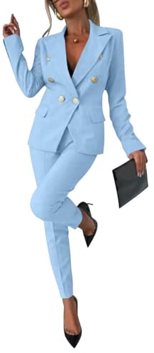 Generisch Women's Trouser Suit Elegant Business Suit Set Lapel Office Long Sleeve Suit Jacket Blazer Trousers Two Piece Suit 2-Piece Slim Fit Festive Streetwear Blue