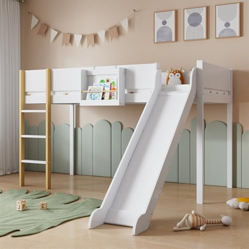 Hochbett 90 x 200 cm, Etagenbett mit dreistufiger gerader Leiter, Jugendbett mit Rutsche, Bett mit abnehmbarem Regal, Kiefer+MDF, Weiß+Natur,