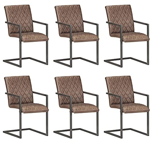 Holamys Freischwinger 6er Set, Braun Echtes Leder, Esszimmerstühle mit Retro-Design, Robustes Eisen, Gepolstert, Freitragend, für Küche und Esszimmer