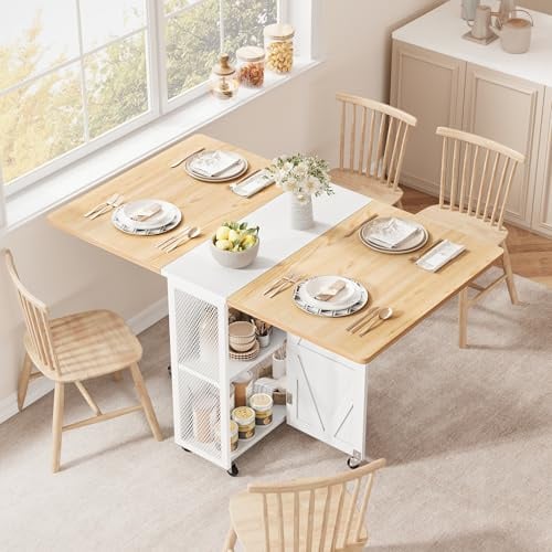 Jocoevol Esstisch Klappbar Küchentisch für 2-4 Personen, Klapptisch mit Trennwand und zweilagigem offenem Regal, Ausziehbar mit Rollen für Küche & Esszimmer, 120x60x76 cm, Ahorn + Weiß