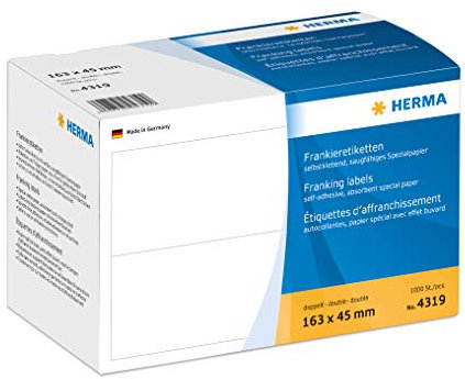 HERMA 4319 Frankieretiketten für Frankiermaschinen, doppelt, 163 x 45 mm, 1000 Stück, selbstklebend, matt, 2fach Papier Frankier-Etiketten Klebeetiketten Aufkleber, weiß