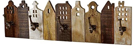 Loberon Hakenboard Pettis, mit Häuserfronten-Design, Antik Veredelt, Garderobe, Hakenleiste, Mangoholz, Eisen, braun