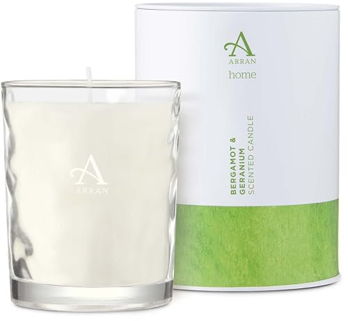 Arran Sense of Scotland Bergamot & Geranium Scented Glass Candle (35cl) Tender Green Bergamot & Citrus with Warm Geranium, Approx 35hr Burn Time