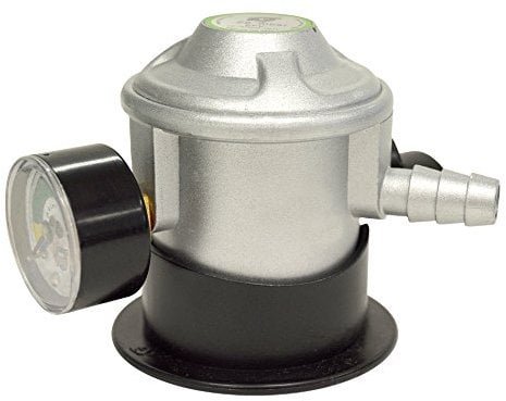 S&M 322020 – Regulador de gas butano con llave de apertura/cierre y manómetro | Regulador color gris para bombona de uso doméstico | Manómetro medidor de la presión de la bombona gas butano y propano