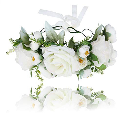 Damen Mädchen Blumen Stirnband Blumenkranz - Blühen Blumenkrone Girlande Kopfschmuck Festival Hochzeit Party Einstellbar mit Band (Weiß)