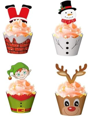 NUOBESTY 48pcs Christmas Cupcake Toppers and Wrappers Cupcake Toppers for Christmas Party Supplies Party Favors (24 Wrappers + 24 Toppers)