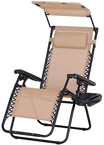 Outsunny Foldable Reclining Garden Chair with Headrest, Zero Gravity Deck Sun Lounger Seat Chair with Footrest, Armrest, Cup Holder & Canopy Shade, Beige