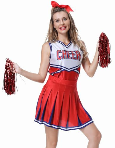 GRAJTCIN Damen Cheerleader Kostüm 3 Teilig High School Cheerleading Outfit für Halloween - Rot - Medium