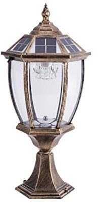 ACMHNC Vintage Sockelleuchte Solar LED Pfostenleuchte Außenleuchte, Outdoor Gartenlampe Solar Pollerleuchte Außen in Antik Look, Klassisch Retro Wegeleuchte in Aluguß, IP54, 2200Mah,Messing