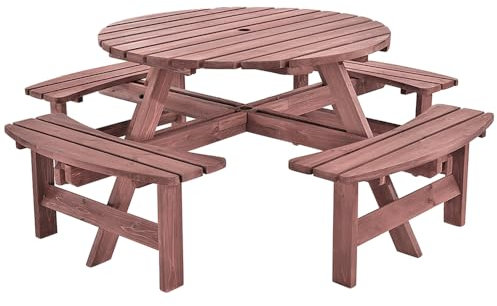 Panana 8 Seater Fir Wood Picnic Table Set Round Wooden Table with Bench Seats Furniture for Garden, Park, Patio