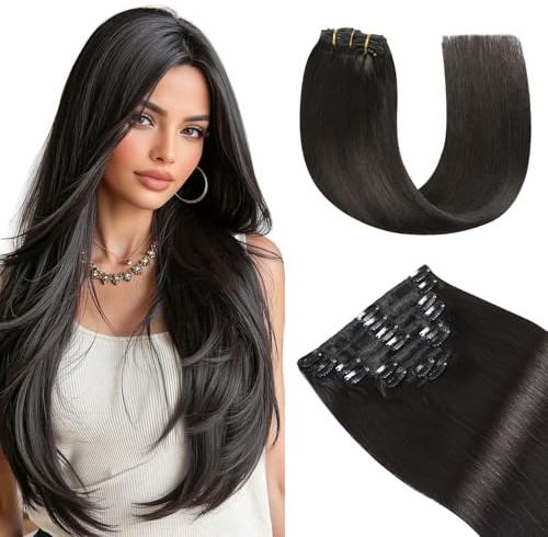 YILITE Clip in Hair Extensions Real Human Hair 14 inch #1b Natural Black | Invisible Black Hair Extensions Clip in,Soft Straight Hair ,Natural Blend,Less Tangling,Add Length & Volume,Secure Hold,120g
