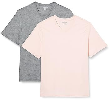 Amazon Essentials T-Shirts Col en v à Manches Courtes Homme, Lot de 2, Gris Chiné/Rose Pâle, S