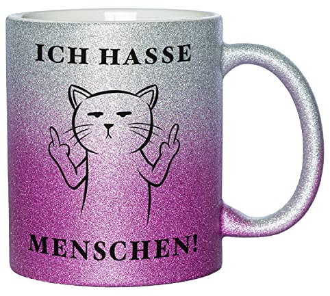 Glitzer Tasse mit Spruch Ich hasse Menschen | Silber-Lila | Katze | 330ml | doppelseitig bedruckt | Für Katzenliebhaber als witzige Geschenkidee zu Weihnachten für beste Freundin oder Kollegin