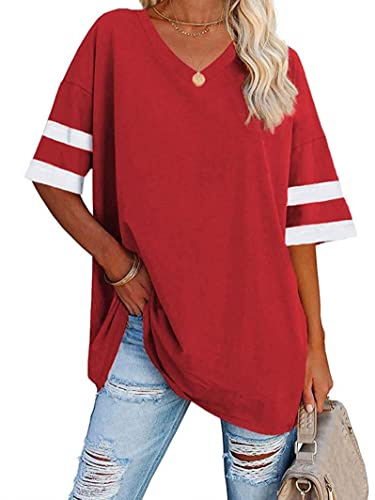 Voopptaw Women's Summer Casual V Neck Striped Half Sleeve T Shirt Ladies Comfy Oversized Baseball Tshirts Tunic Tops