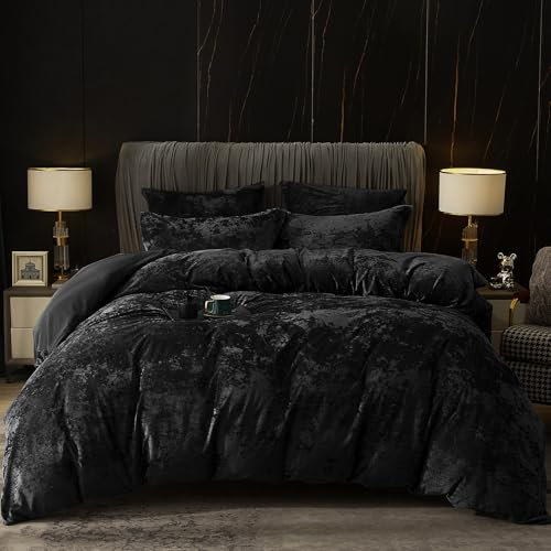 PHF Samt Bettwäsche 200x220, Luxus Flauschig Bettwäsche 200x220 cm mit 2er Kissenbezüge 80x80 cm, Kuschel Velvet Bettbezüge, Schwarz