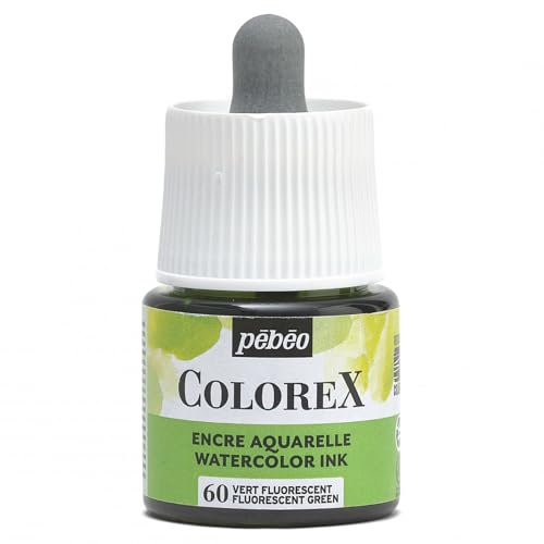 Pebeo - Tinta Colorex 45 ML Verde fluorescente - Tinta para acuarela Colorex - Tinta Verde fluorescente de acabado aterciopelado - Tinta de dibujo multiuso para todos los medios - Verde fluorescente