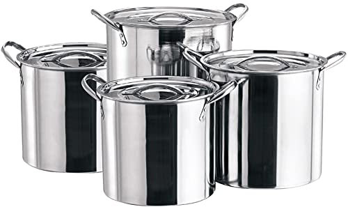 8 Pcs Stainless Steel Premium Stock Pot Set | 8 | 12 | 16 | 20 Smooth Mirror Finish Silver Cookware Pot Riveted Handles Home Kitchen Catering Chef Healthy Food Cooker UK Free P&P