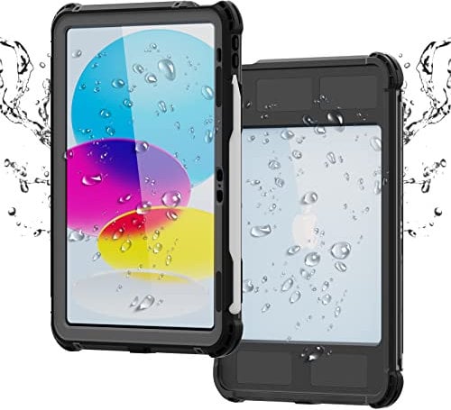 Waterproof Case for iPad 10th Generation 10.9 2022, Outdoor Heavy Duty Clear Shockproof Full Body Protective Case with Rotatable Holder and Screen Protector Built in Pencil Holder Lanyard (Black)