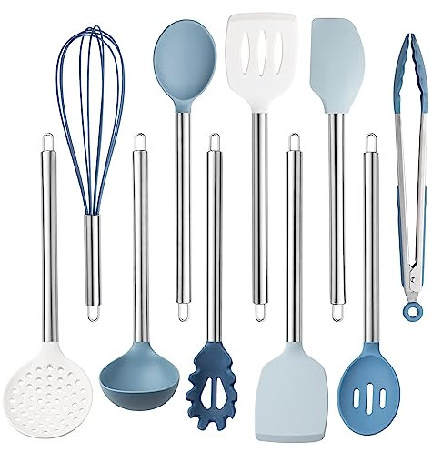 COOK WITH COLOR Silicone Cooking Utensils, 10 Pc Kitchen Utensil Set, Easy to Clean Silicone Kitchen Utensils, Cooking Utensils for Nonstick Cookware, Kitchen Gadgets Set (Blue and White)
