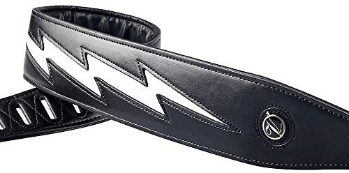 adiya Gitarrengurt mit Blitzbolzen für E-Gitarren/Bass, Leder, verstellbare Länge, Schwarz/Weiß/Rot erhältlich, Schwarzer Korpus, weißer Blitz, Adjustable 135cm-152cm
