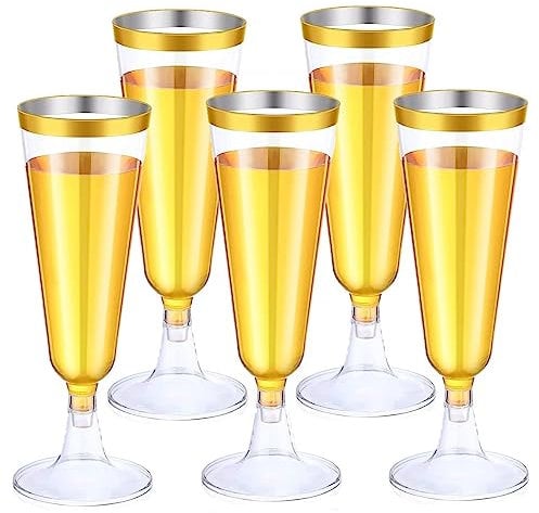 LATERN 50Pcs Gold Rimmed Champagne Flutes, 150ml Reusable Plastic Champagne Glasses Stemmed Party Wine Cups for Garden Wedding Anniversary Shower Parties (5.5 x 16.5cm)