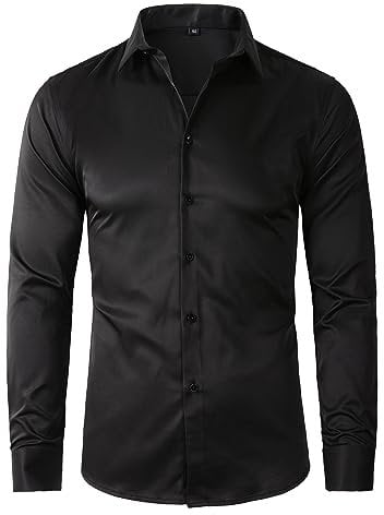 Beninos Men's Dress Shirts Solid Long Sleeve Texture Formal Shirt Business Casual Button Down Shirts, Black (No Texture), Medium