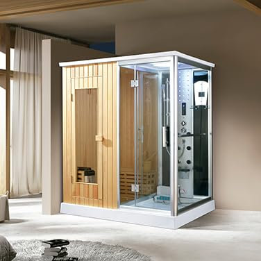 PureHaven - Sauna finlandesa y ducha de vapor (170 x 120 cm, marco de aluminio, accesorios completos, ducha tropical, asiento de radio, masaje de pies, masaje de espalda, color blanco)
