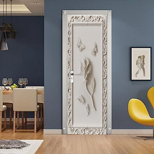 A.Monamour Türtapete Selbstklebend Türfolie Türposter 3D Blumen Schmetterling Gipsrelief Ornamente Vinyl Folie Türdeko Tapete Wandbild Türaufkleber Türtattoo 77x200cm